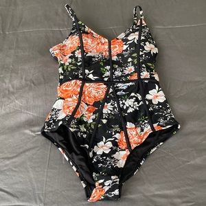 NWT Cupshe 1-Piece Black & Floral Bathing Suit